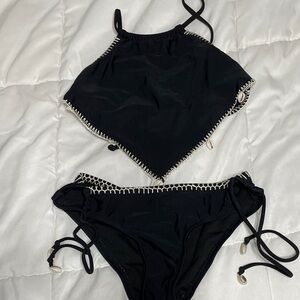 Girls Black Crochet-Trim Bikini Set